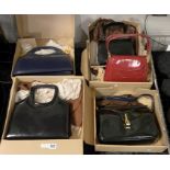 COLLECTION OF NEW & UNUSED VINTAGE LEATHER & PATENT HANDBAGS BOXED INCLUDING DUSTCOVERS