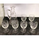EARLY ETCHED GLASS CARAFE & SIX ETCHED GLASSES