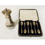 HM SILVER DREDGER & SET OF SIX HM SILVER TEASPOONS