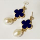 LARGE SOUTH SEA PEARL EARRINGS WITH BLUE CLOVERS