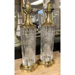 PAIR OVAL BRASS & CUT GLASS LAMPS 49CMS (H)