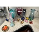 17 PIECES OF ART GLASS (PAPERWEIGHTS / VASES)