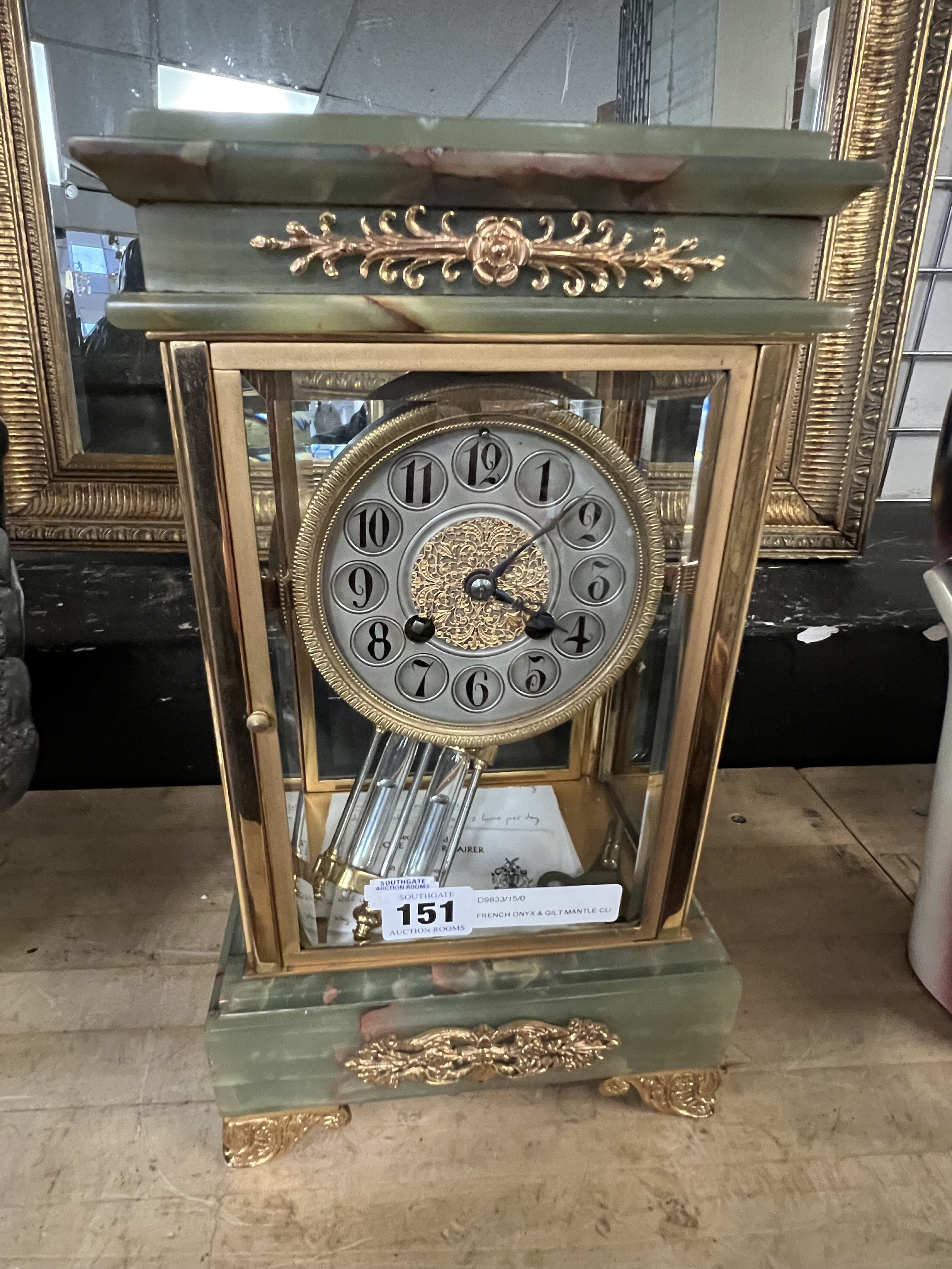 FRENCH ONYX & GILT MANTLE CLOCK - 34 CMS (H) APPROX