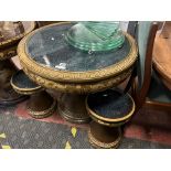 CERAMIC ORIENTAL TABLE & TWO STOOLS - DAMAGED