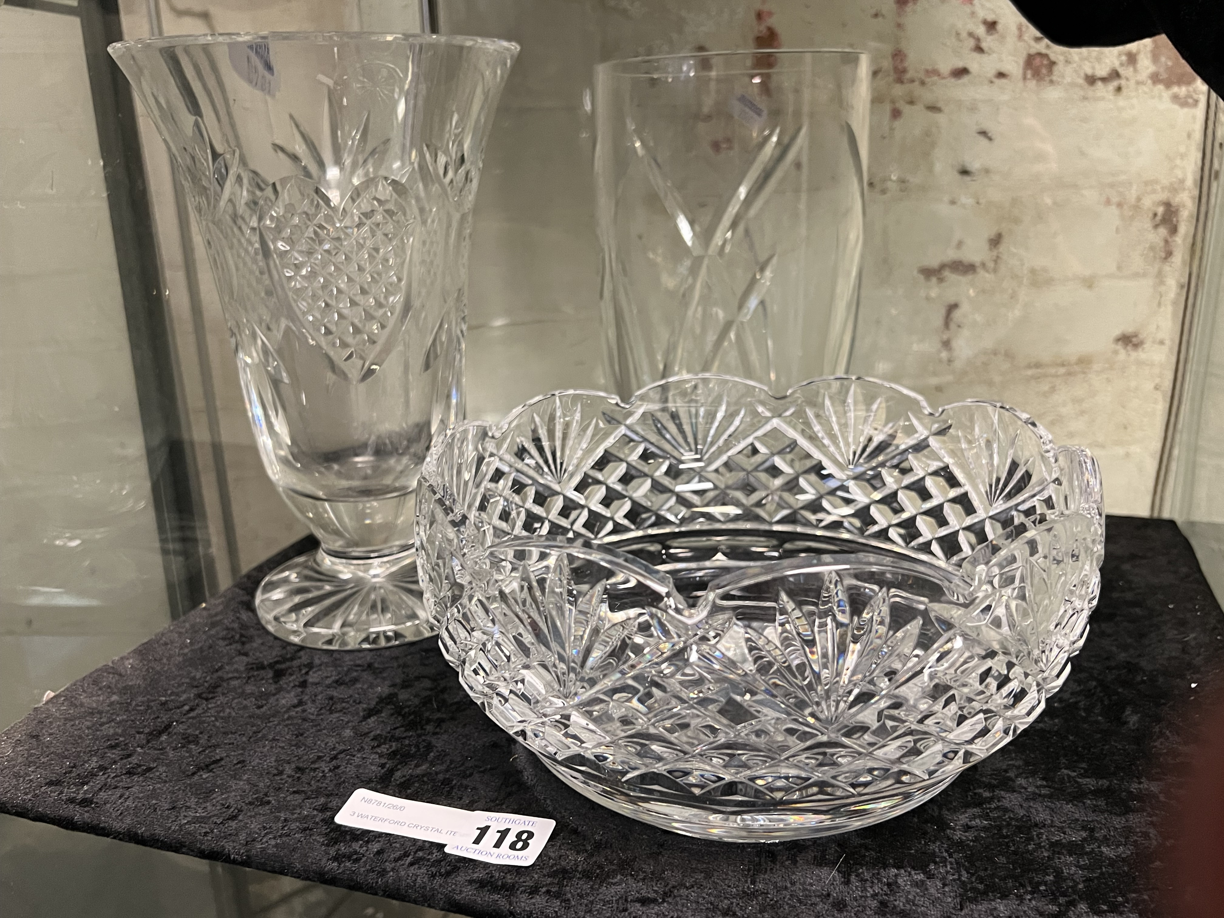 3 WATERFORD CRYSTAL ITEMS - 2 VASES & A BOWL