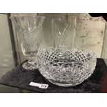 3 WATERFORD CRYSTAL ITEMS - 2 VASES & A BOWL