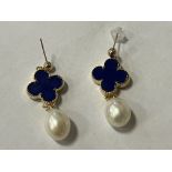 LARGE SOUTH SEA PEARL EARRINGS WITH BLUE CLOVERS