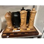 CARVED WOODEN CHESS PIECES & BOARDS