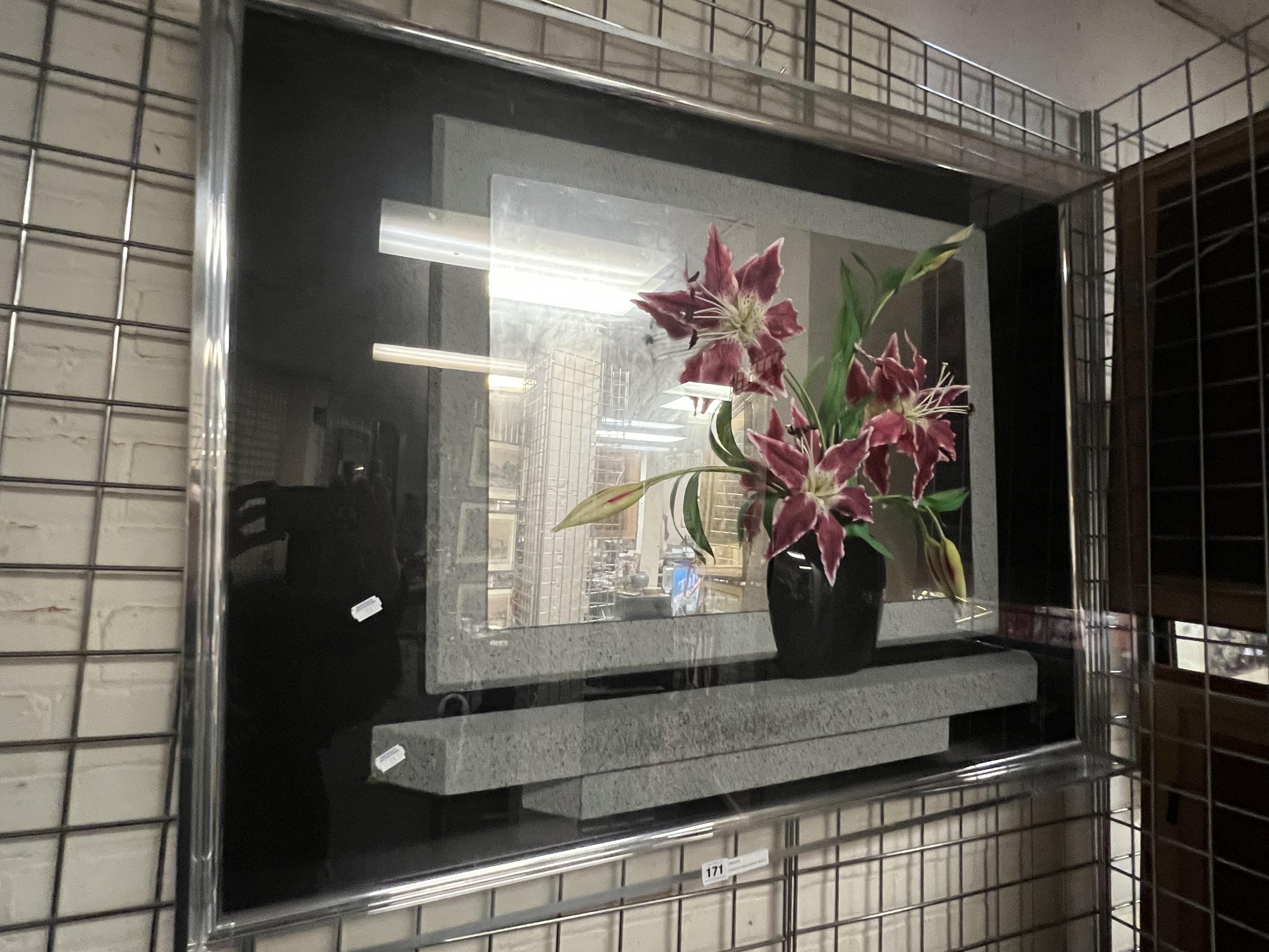 PERSPEX CASED MIRROR WITH ORCHID MOTIF - SIGNED - 90 X 120 CMS APPROX