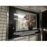 PERSPEX CASED MIRROR WITH ORCHID MOTIF - SIGNED - 90 X 120 CMS APPROX