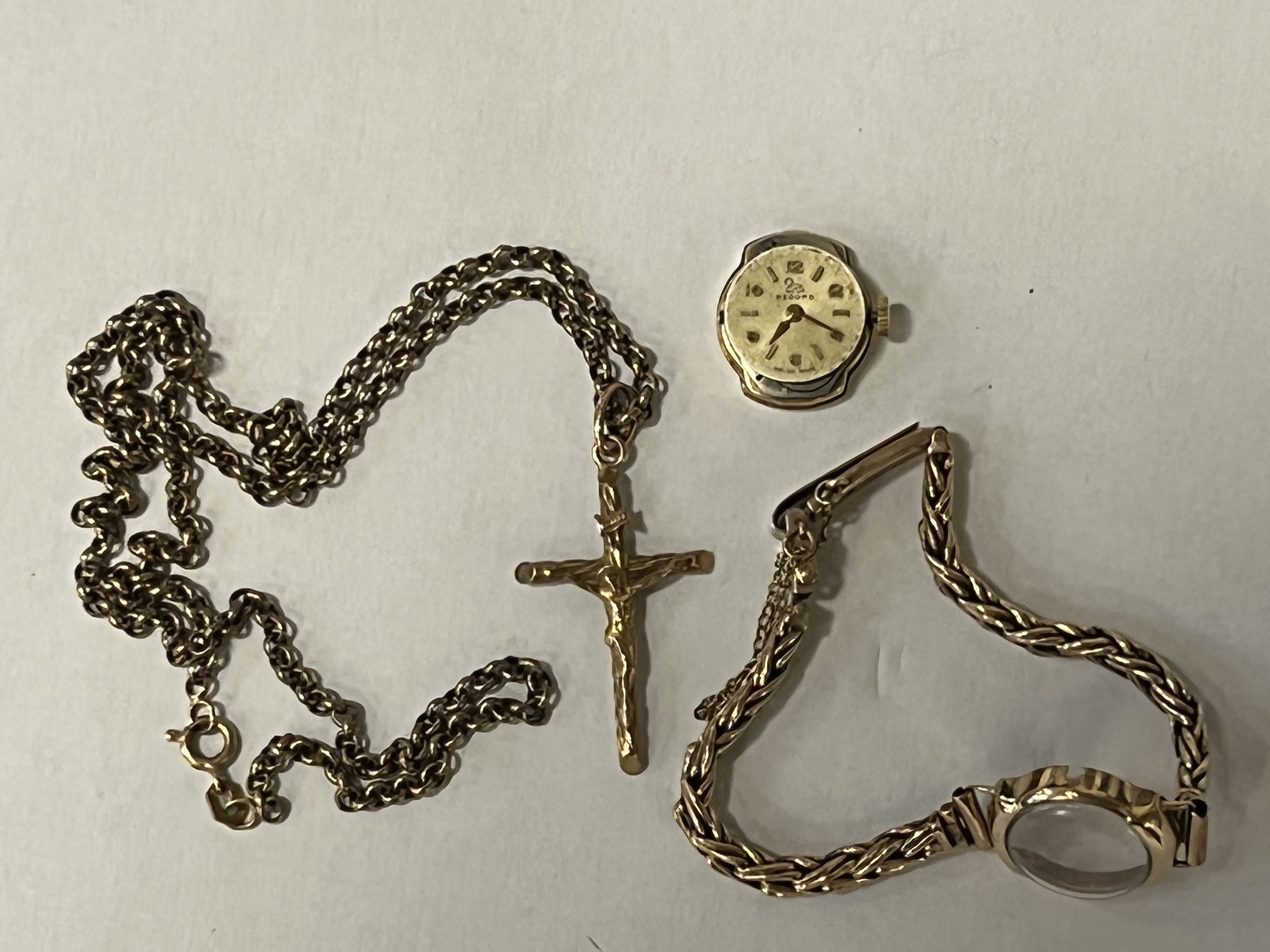 9CT GOLD CHAIN WITH 9CT GOLD CROSS WITH LADIES WATCH & CHAIN ALL HALLMARKED 25G APPROX