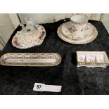 A DRESDEN TRIO & A STAMP HOLDER (C1872) A DECORATIVE DRESDEN PEN TRAY AND A PLAUE INKWELL