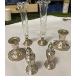 QTY. OF SILVER TO INCLUDE 2 SILVER POSY VASES, 2 SILVER MINIATURE CANDLESTICKS & 2 SALTS