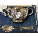 BOXED H/M SILVER PORRINGER & SPOON 50Z APPROX