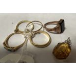 FIVE GOLD RINGS & GOLD CITRINE PENDANT 12 GRAMS APPROX EXCLUDING GEMSTONES