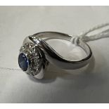 18CT WHITE GOLD DIAMOND & SAPPHIRE RING SIZE P - 5 GRAMS APPROX