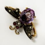 AMETHYST, RUBY & SEA PEARL 9CT BEE BROOCH A/F