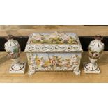 CAPO DE MONTE ORNATE PORCELAIN JEWELLERY CASKET WITH A PAIR OF MATCHING VASES