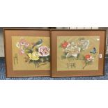 PAIR OF SILK ORIENTAL FRAMED PICTURES - 37 X 29 CMS