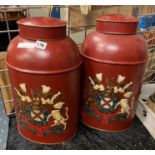 PAIR OF LARGE RED TOLEWARE TEA CANISTERS - 45 CMS (H)