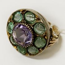 9CT GOLD & SILVER EMERALD & AMETHYST ANTIQUE CLUSTER RING - SIZE K/L 5.8 GRAMS APPROX