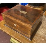 ANTIQUE ROSEWOOD VENEER JEWELLERY OR SEWING BOX A/F