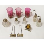 COLLECTION OF H/M SILVER SCENT BOTTLES WITH 3 CRANBERRY GLASSES WITH H/M SILVER LINERS/2 WINE LABELS