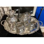 WALKER & HALL SILVER PLATE TEA & COFFEE SERVICE & TRAY