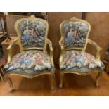 PAIR GILT WOOD TAPESTRY ARMCHAIRS