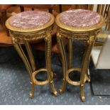 PAIR LARGE MARBLE TOP ROUND GILT WOOD PEDESTALS