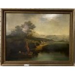 EARLY 19THC OIL ON CANVAS , RIVER APPROACH BY TWO CAVALRY ME 100CM X 78CM - GOOD CONDITION, NEEDS