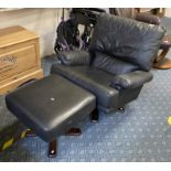 BLACK LEATHER SWIVEL CHAIR & STOOL