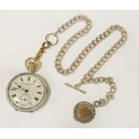 H/M SILVER POCKET WATCH - CHAIN NOT SILVER BUT WITH H/M SILVER & GOLD FOB