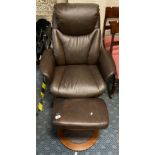 BROWN LEATHER RECLINING CHAIR & STOOL