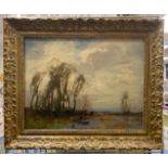 GILT FRAMED OIL ON CANVAS WOODLAND SCENE, MAN ON BOAT - SIGNED 44CMS X 33CMS