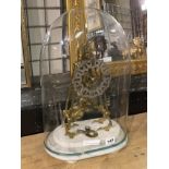 SKELETON CLOCK ON MARBLE BASE UNDER A DOME 45CMS TALL