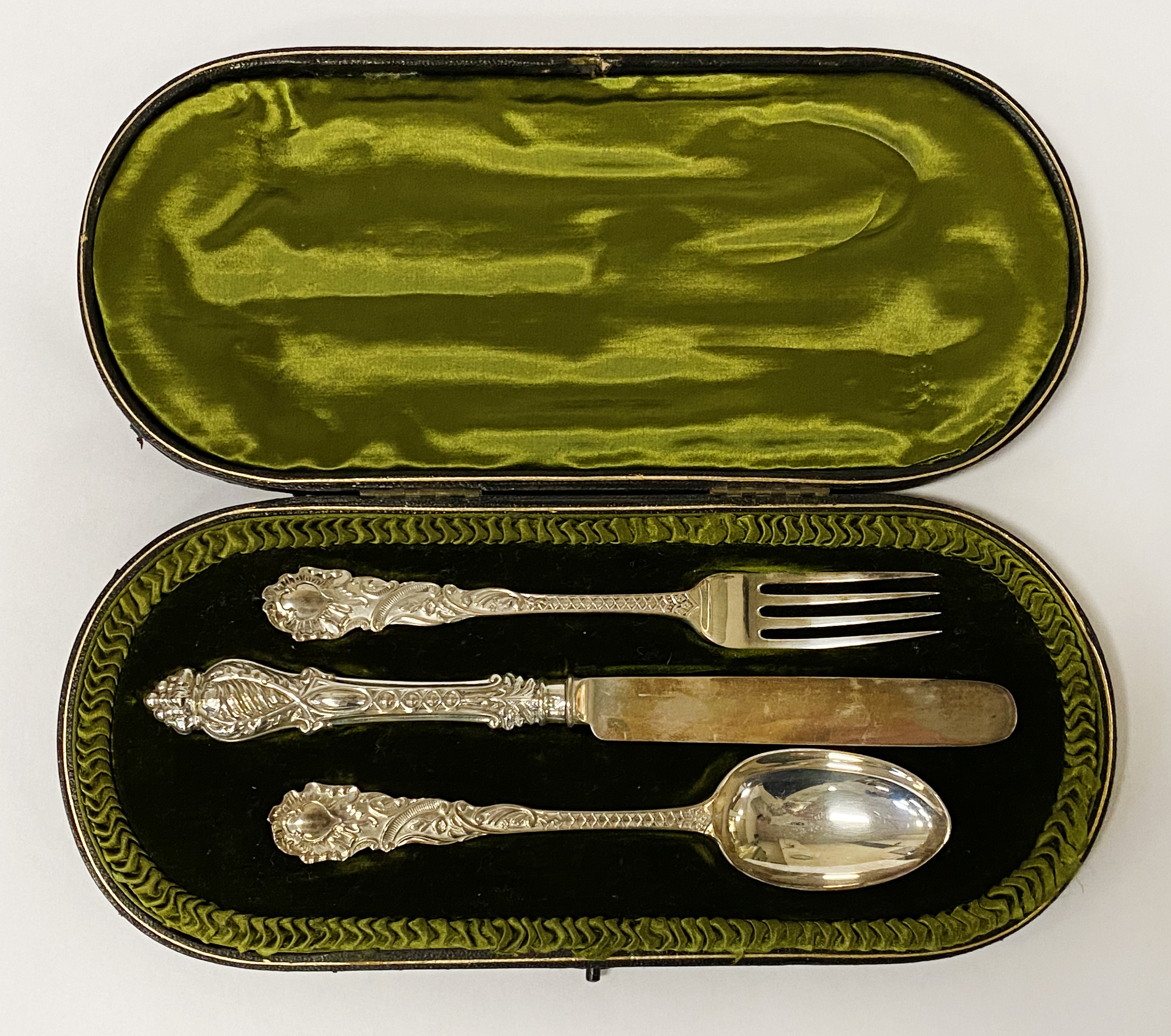 BOXED HM SILVER KNIFE, FORK & SPOON 126 GRAMS