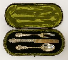 BOXED HM SILVER KNIFE, FORK & SPOON 126 GRAMS