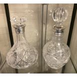 2 H/M SILVER TOPPED CRYSTAL DECANTERS 28CMS (H) APPROX