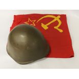 WW2 RUSSIAN HELMET & FLAG A/F