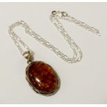 STERLING SILVER LARGE BALTIC AMBER PENDANT & CHAIN