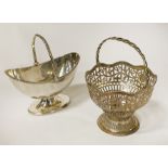 H/M SILVER GEORGIAN FRETWORK BASKET WITHOUT LINER WITH A SILVER PLATE DISH ENGRAVED 1885 10CMS (H)