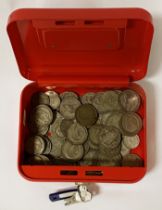 SELECTION OF VARIOUS PRE 1947 BRITISH SILVER COINS IN RED COIN BOX WITH KEY 800+ GRAMS