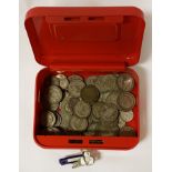 SELECTION OF VARIOUS PRE 1947 BRITISH SILVER COINS IN RED COIN BOX WITH KEY 800+ GRAMS