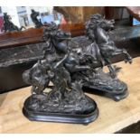 PAIR OF SPELTER HORSE & KEEPER STATUETTES 28CMS (H) APPROX
