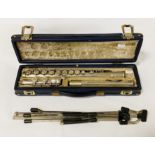 BOOSEY & HAWKES ''EMPEROR'' SILVER PLATE FLUTE WITH CASE & TRIPOD