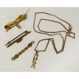 WITHDRAWN 2 X 12CT RIBBON BROOCHES & CHAIN WITH 14CT BRACELET EXPANDER & 9CT GOLD BROOCH 7 GRAMS