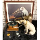 EARLY GRAMOPHONE WITH NIPPER THE DOG & PICTURE WITH 5 EARLY RECORDS