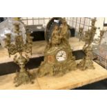 BRASS MANTLE CLOCK WITH CANDLESTICKS