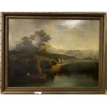 EARLY 19THC OIL ON CANVAS , RIVER APPROACH BY TWO CAVALRY ME 100CM X 78CM - GOOD CONDITION, NEEDS